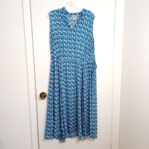 Ann Klein Blue Abstract Print Jenna Drawstring Waist Midi Dress - Picture 1 of 11